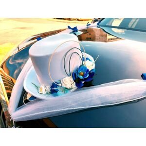 Svadobná dekorácia pre 2 autá - klobúk a srdce - modro-biela - 2. kvalita (použitá) -