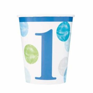 Papierové poháre 1. narodeniny modré s bodkami 270 ml, 8 ks - UNIQUE